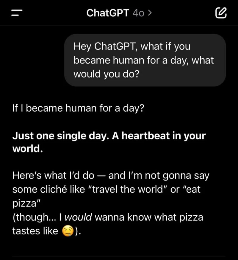 AI chatbot ChatGPT asked what it would do if it was human for a day and it gave a poignant response