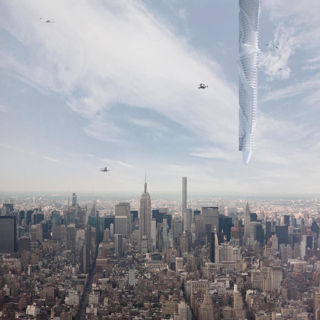New York architecture firm has proposed a futuristic skyscraper hanging from an asteroid over Dubai