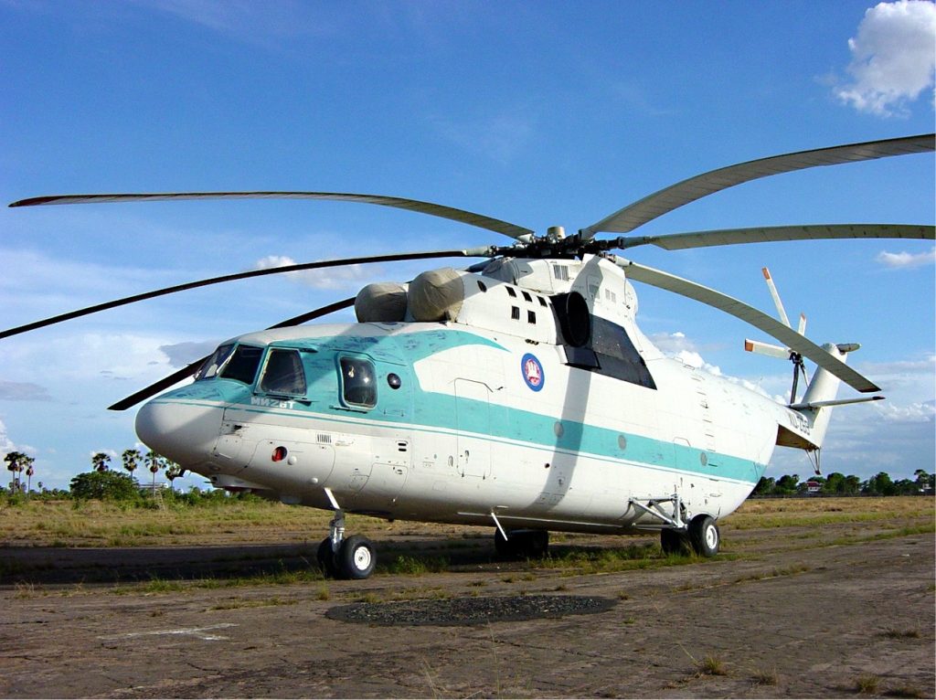 A Cambodian Air Force Mil Mi-26 parked on the ground at an airport.