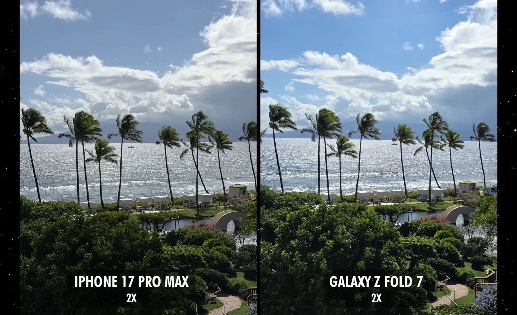 Samsung Galaxy Z Fold 7 and iPhone 17 Pro Max put side-by-side to show the difference in how both their cameras handle extreme zoom