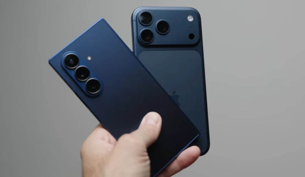 Samsung Galaxy Z Fold 7 and iPhone 17 Pro Max put side-by-side to show the difference in how both their cameras handle extreme zoom
