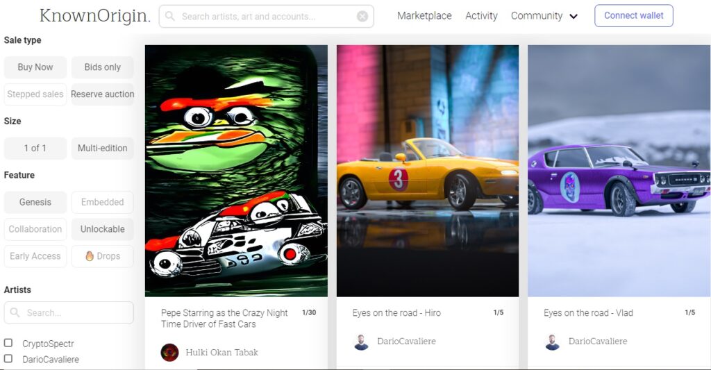 KnownOrigin homepage, car art