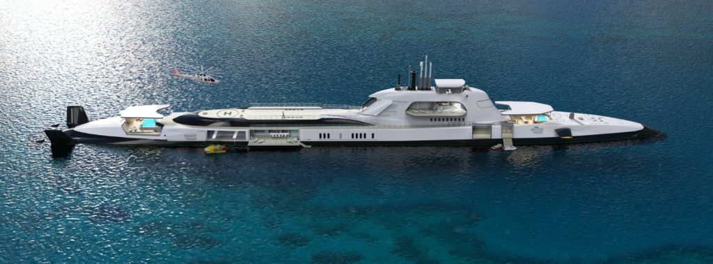 The Migaloo submersible concept has a helicopter pad and an outdoor pool.