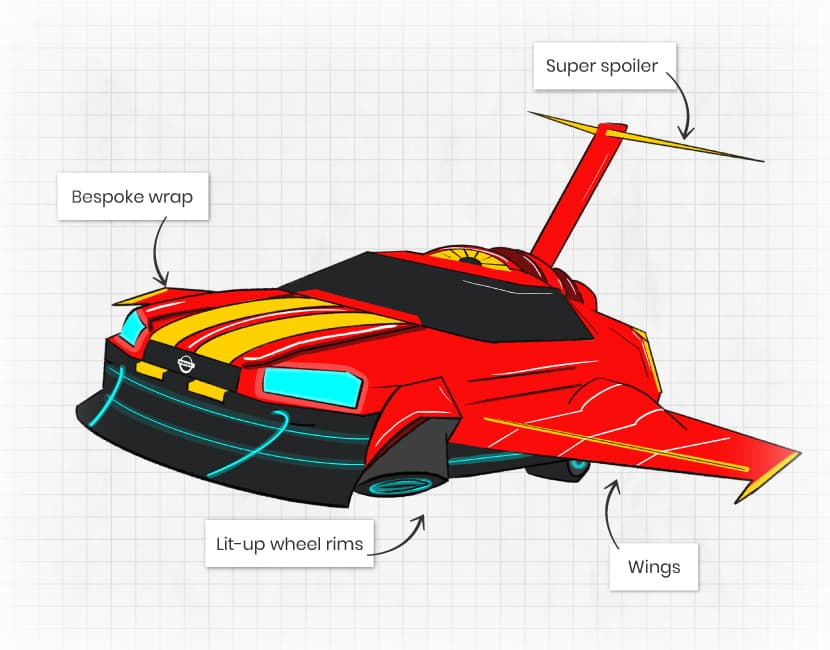 A red Nissan concept flying car.