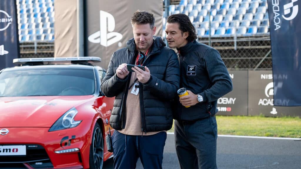 Orlando Bloom and Neil Blomkamp on set of the Gran Turismo movie