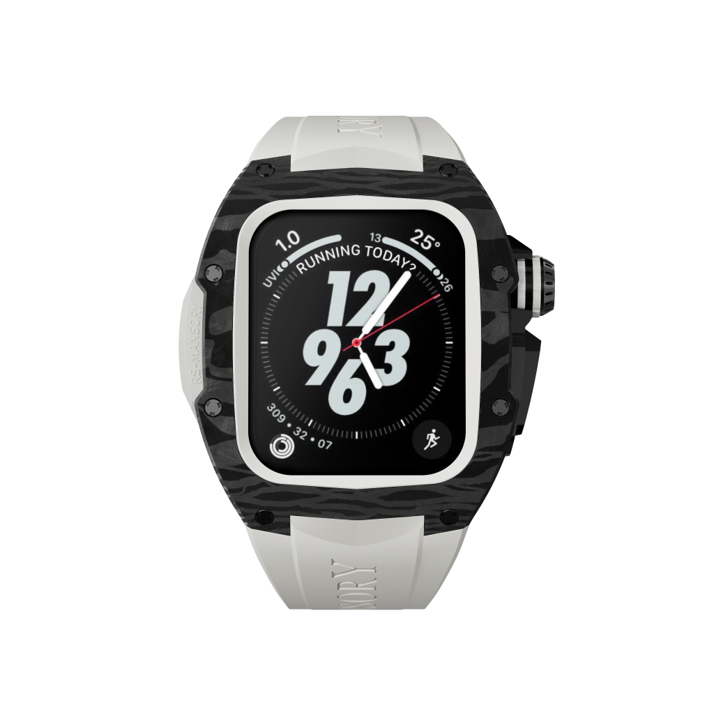 The carbon fibre Apple Watch case in Coral White.