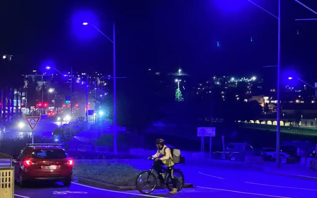 Purple streetlights in Australia.
Many streetlights are turning purple due to a manufacturing defect.