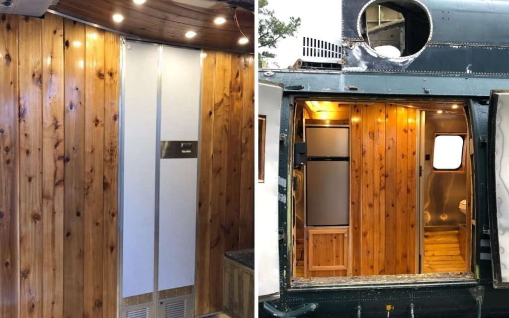 The plane lavatory door on the bathroom pictured left, with a photo of the interior with the bathroom door open.