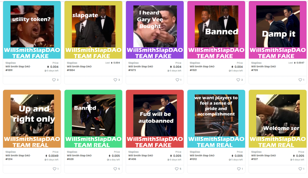 A screenshot of slap_dao's OpenSea account showing the Will Smith NFTs.