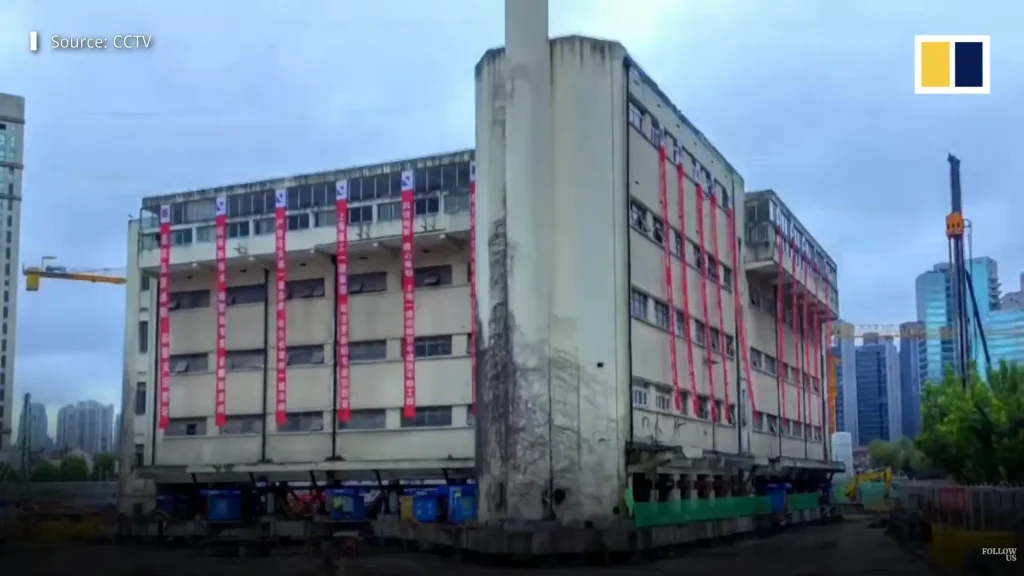 An 85-year-old, 7,600-tonne building relocated 203ft in China by using 198 robotic legs