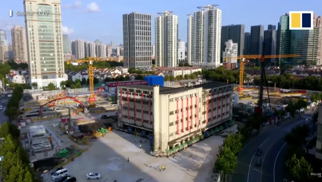 An 85-year-old, 7,600-tonne building relocated 203ft in China by using 198 robotic legs