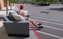 The couch cruises around the streets.