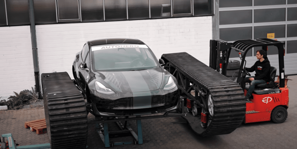 Tesla with tank tracks